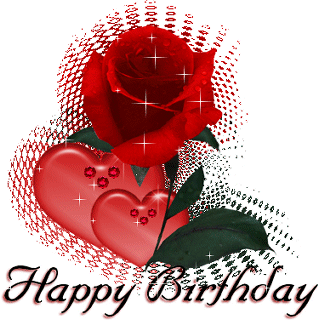 happy birthday glittery rose and hearts myspace, friendster, facebook, and hi5 comment graphics